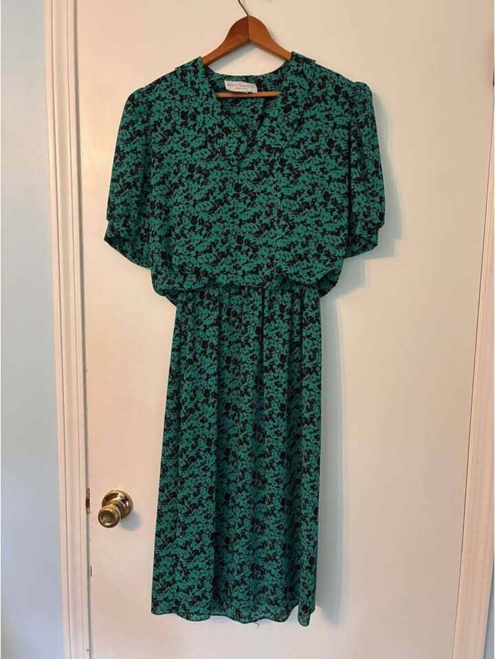 Vintage 80s/90s Just In Time Ltd Teal Black Floral Midi Dress Made in USA - Picture 1 of 3